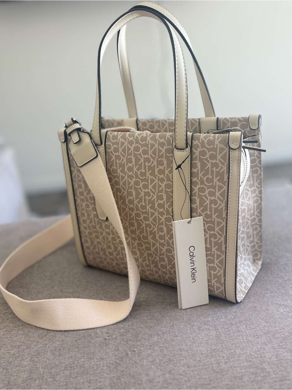 Calvin Klein Beige Canvas Monogram Satchel